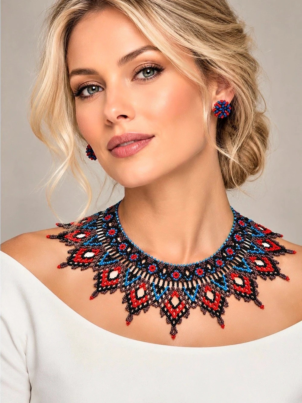 Handmade Red, Blue & Black Beaded Collar Necklace Set